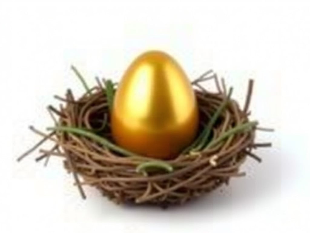 A nest made of twigs and grass. It contains a large golden egg. The background is plain white. The nest looks delicate and sturdy. The golden egg shines brightly. The image symbolizes wealth and prosperity.