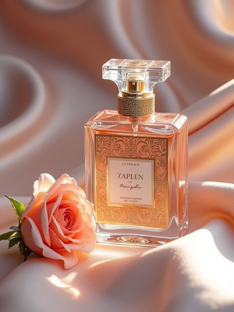 Luxurious perfume bottle placed next to a soft rose. Silky fabric forms a gentle background. Intricate design of the perfume bottle stands out.