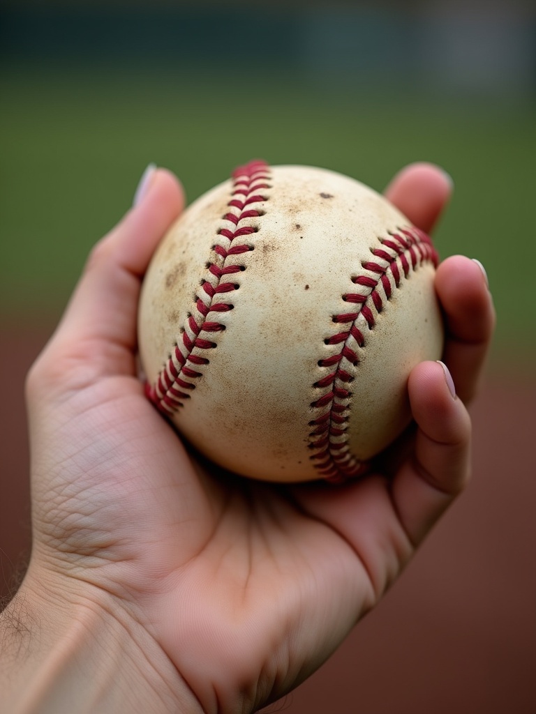 A hand grips a worn baseball. The baseball has noticeable dirt and scuff marks. The background is a baseball field with green grass. The focus is on the ball and hand.