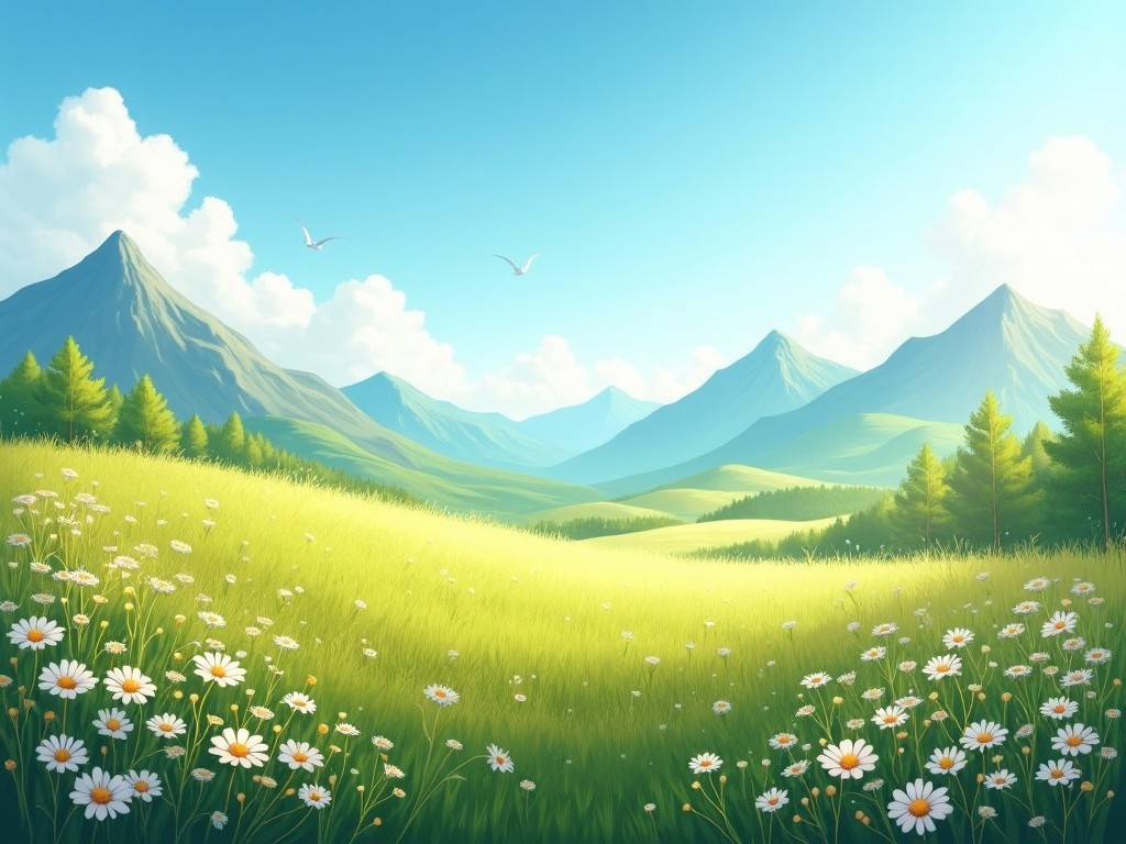 This image depicts a serene landscape featuring rolling hills and majestic mountains in the background. The foreground is filled with vibrant daisies swaying in a gentle breeze. Two birds can be seen flying in the bright blue sky. This artwork captures the essence of a peaceful day in nature. The overall scene evokes feelings of tranquility and connection with the outdoors.