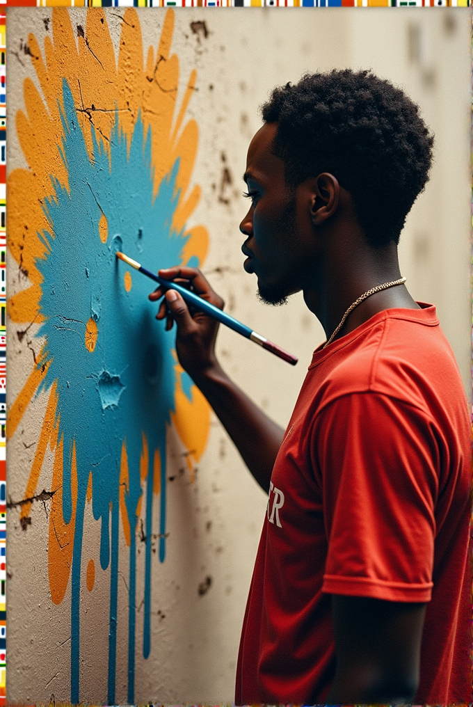 A young man painting vibrant blue and orange graffiti on a textured wall.