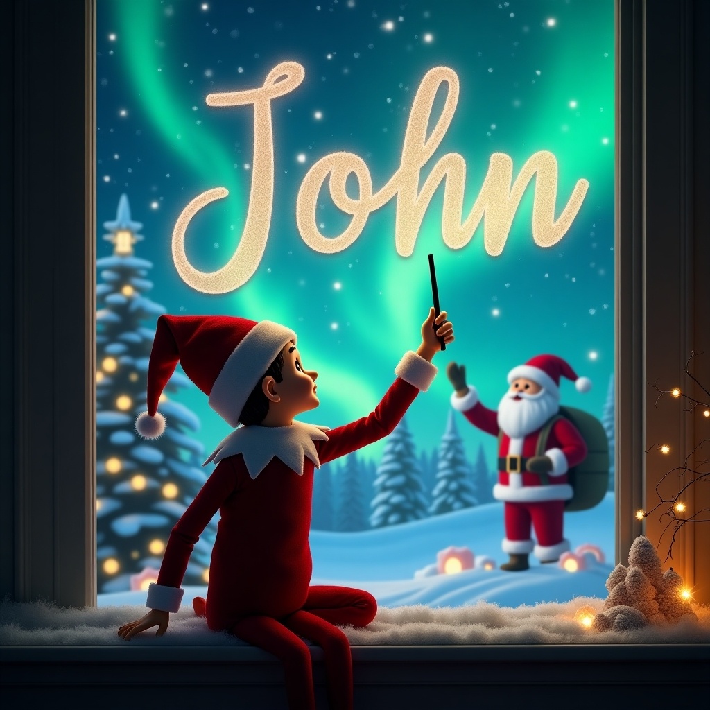 An imaginative scene shows an elf on the shelf with his back to the viewer, looking up at the night sky filled with vibrant northern lights. He is holding a magic wand, using it to write the name 'John' in sparkling letters in the air. In the background, Santa Claus is seen carrying a bag of presents, adding to the festive mood. The landscape is snowy, adorned with Christmas trees and twinkling lights. This magical moment captures the spirit of Christmas and the joy of personalization. It's a perfect representation of holiday wonder and childhood delight.