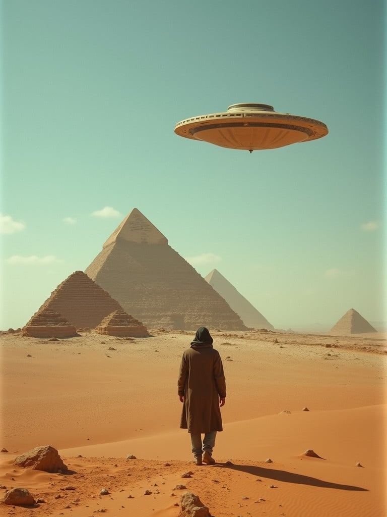 A psychic remote viewer stands in a desert. Pyramids are visible in the background. A UFO hovers in the sky.