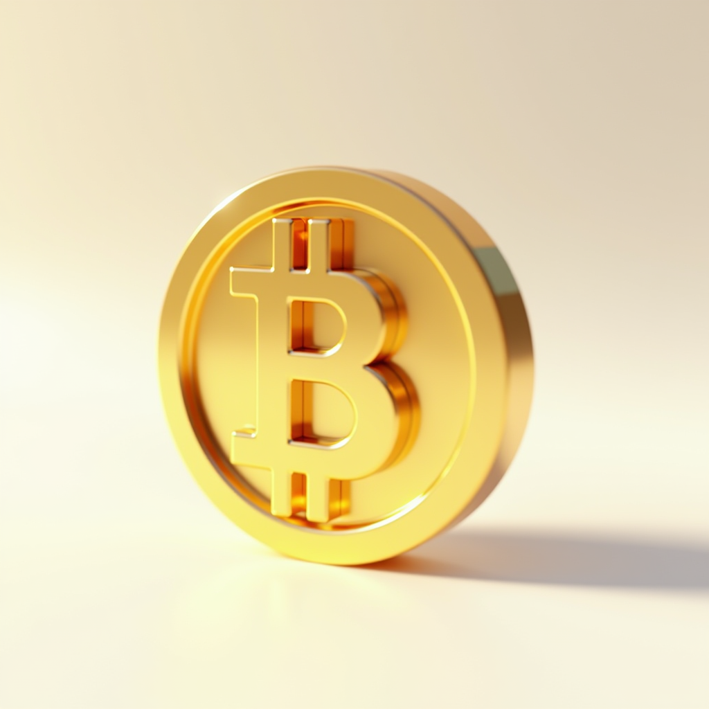 The image features a three-dimensional representation of a Bitcoin emblem, depicted as a golden coin. The iconic Bitcoin symbol, a stylized 'B' with two vertical lines, is prominently displayed at the center. The coin has a polished, reflective surface, highlighting its lustrous metallic texture. The background is softly blurred in a light cream color, allowing the coin to stand out as the focal point of the composition. The lighting creates a subtle glow around the coin, emphasizing its digital currency significance and presence.