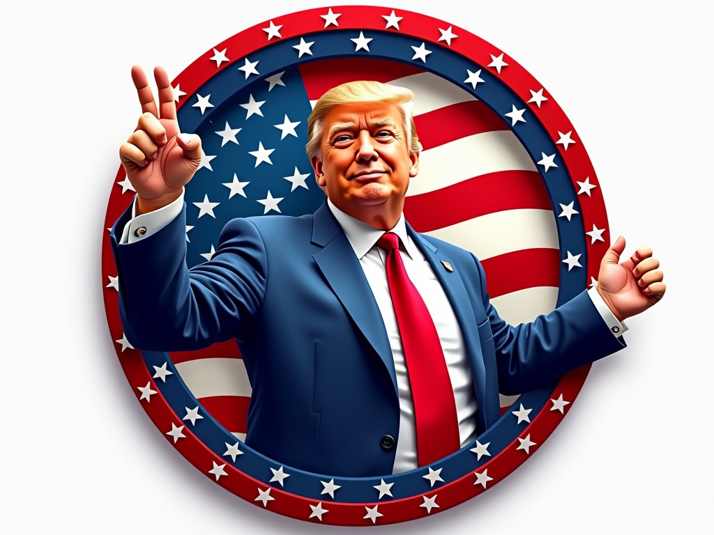 The image features a charismatic figure, adorned with a business suit and a red tie, making a confident gesture with the peace sign. He is set against a backdrop of the American flag encircled by stars, creating a bold, patriotic aura. The composition evokes leadership qualities and a strong connection to American values.