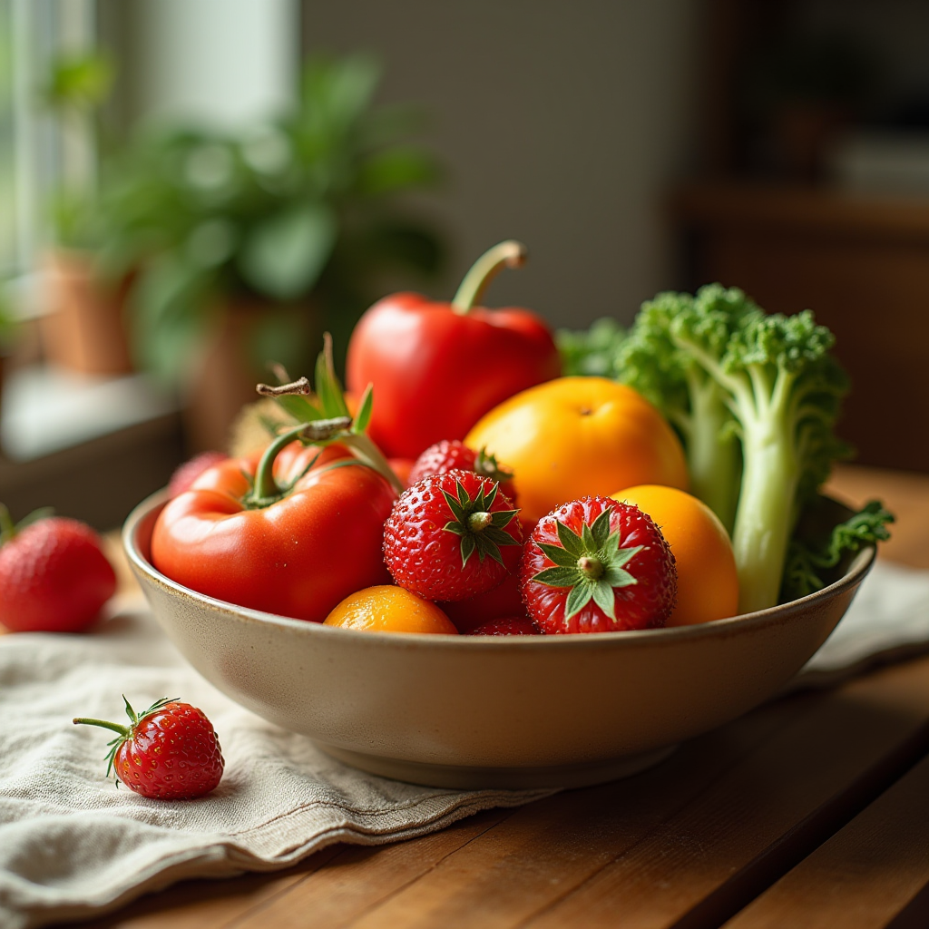 A bowl filled with strawberries, tomatoes, bell pepper, lemons, and broccoli sits on a wooden table.