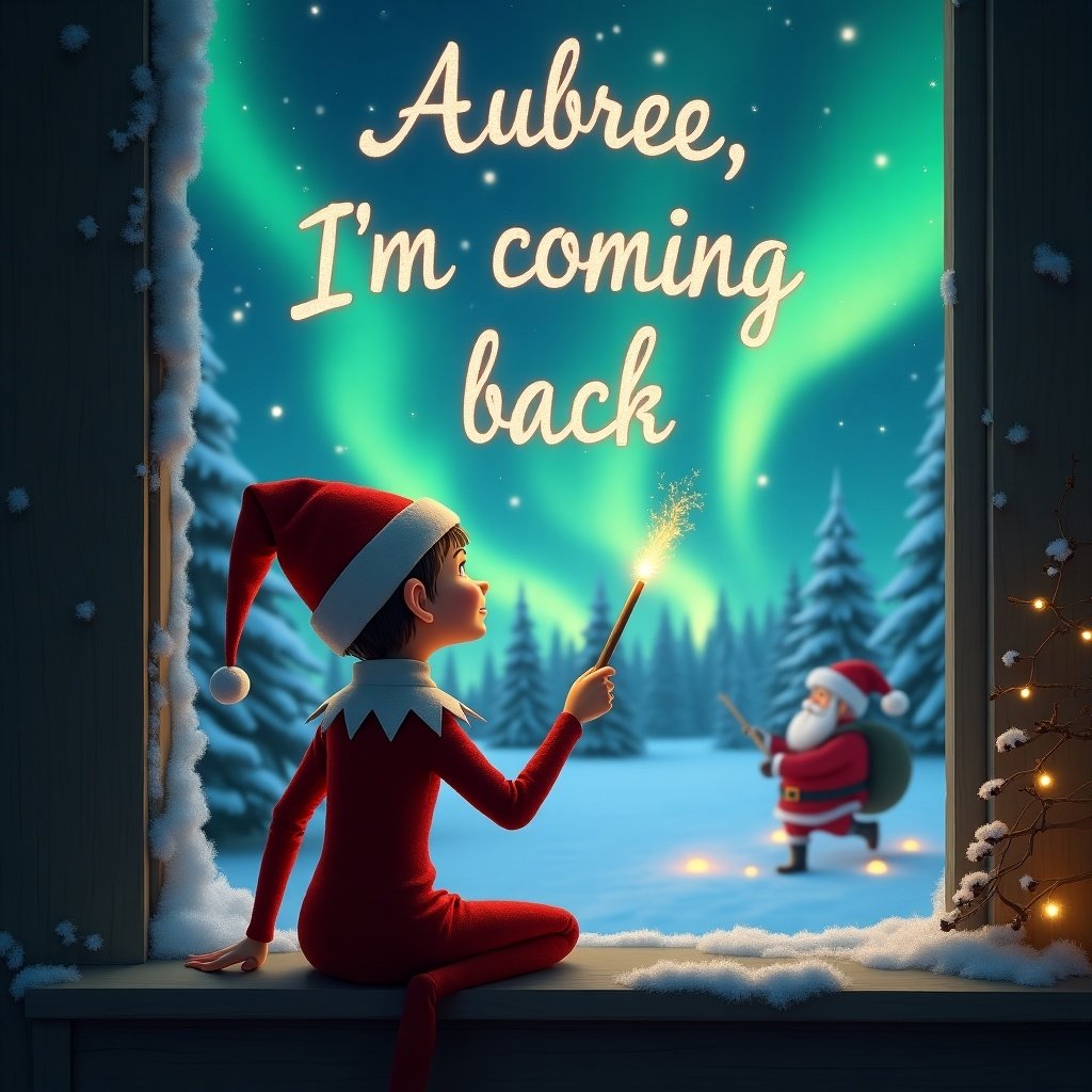 An elf on the shelf is facing the sky and using a wand to write in the air. The message reads 'Aubree, I’m coming back.' The background features a magical Christmas scene with vibrant northern lights and Santa Claus. The elf is wearing a traditional red outfit, adding to the festive feel. This enchanting scene captures the essence of holiday wonder and excitement, perfect for a children's storybook illustration.