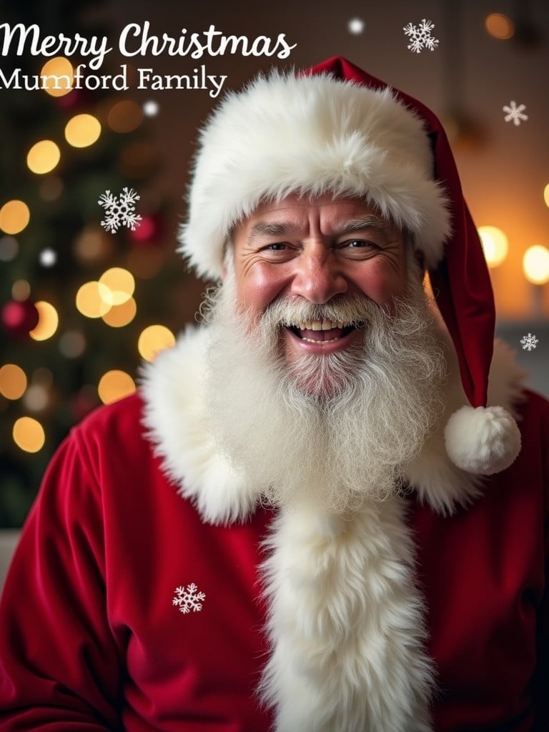 Cheerful Santa Claus depicted with joyful expression in red suit. Background shows glowing lights and falling snowflakes. Text 'Merry Christmas Mumford Family' present. Scene exudes warmth and holiday spirit.