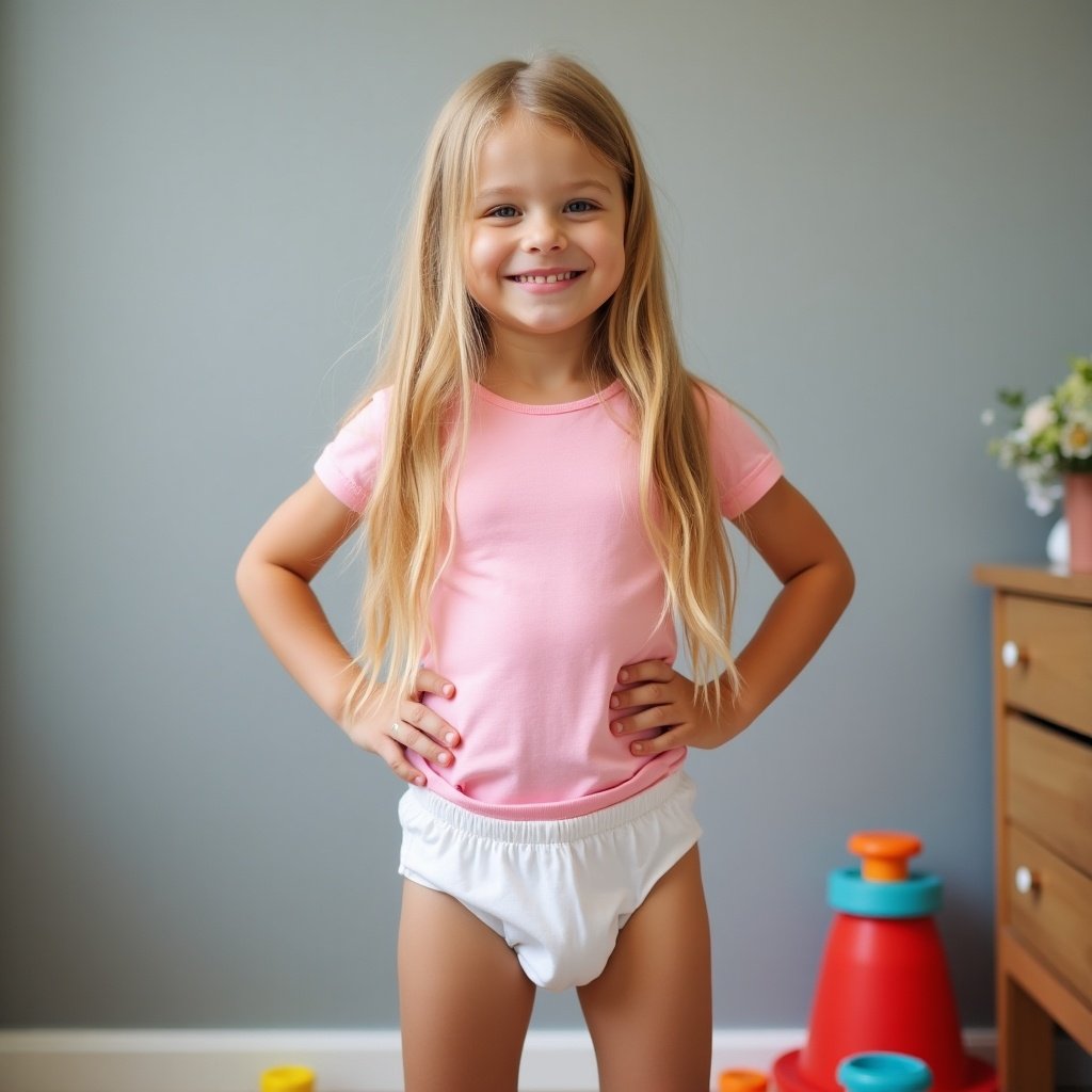 Image features a girl with long blonde hair. She is wearing a pink t-shirt and a white diaper. She poses confidently with one hand on her hip. The background is soft gray. Room is filled with colorful toys. The lighting is gentle and warm. The scene captures early childhood fun.