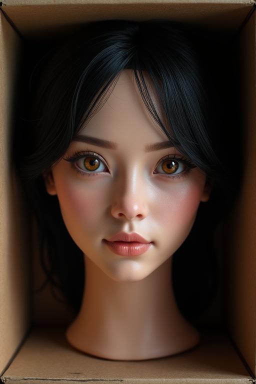 Realistic female head placed in a box with black hair and hazel eyes. The head has natural features and is centered in the box. The image captures soft lighting.