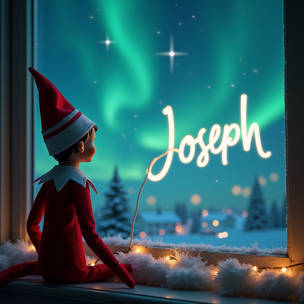 An elf on the shelf sits by a window, gazing at the night sky filled with vibrant northern lights. The elf is facing away, holding a wand, and using it to write the name 'Joseph' in glowing script against the backdrop of the enchanting sky. Snow blankets the ground outside, adding to the magical feel. Twinkling lights frame the window, enhancing the festive atmosphere. This heartwarming scene captures the essence of Christmas wonder, appealing to children and families alike.