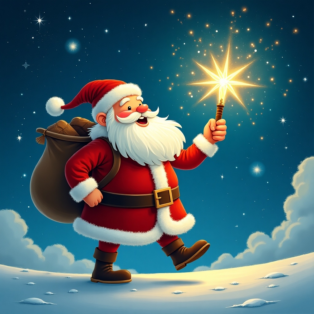 This image features a cheerful Santa Claus with a long white beard, wearing a traditional red suit with white trim. He is holding a sparkling star as if he is casting magic in the sky. Santa has a big smile and a bag of presents slung over his shoulder. The background is a beautiful night sky with twinkling stars and soft clouds, and the ground is covered in a layer of snow. The atmosphere is joyful and festive, perfect for the holiday season.