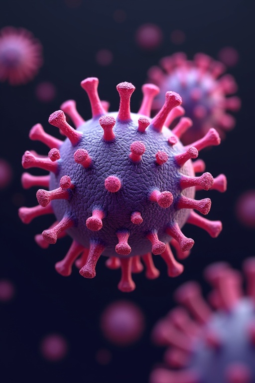 3D illustration shows virus with spikes in pink and purple colors. Emphasis on detailed viral structure. Dark background enhances visibility of virus details.