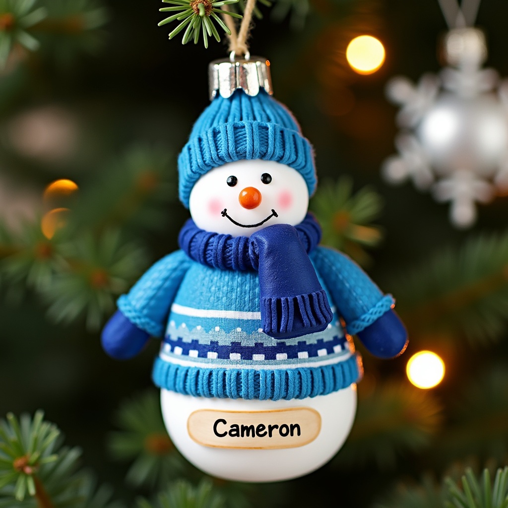 Snowman ornament hangs from a Christmas tree. The ornament wears a blue hat and a blue scarf. The jumper features a name plaque that reads Cameron.