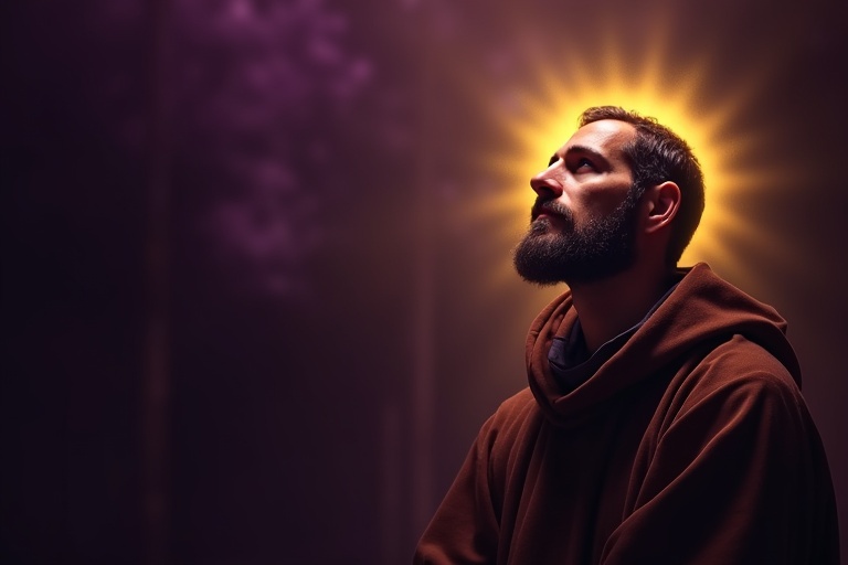 Dramatic digital artwork of Saint Francis of Assisi. Close-up portrait features rich colors. Deep purples and shadows contrast with warm glowing highlights. Figure in brown habit gazes upward. Surrounding golden glow adds mystery. Dark background enhances sacred atmosphere. Positioned on the right for negative space on the left for text.