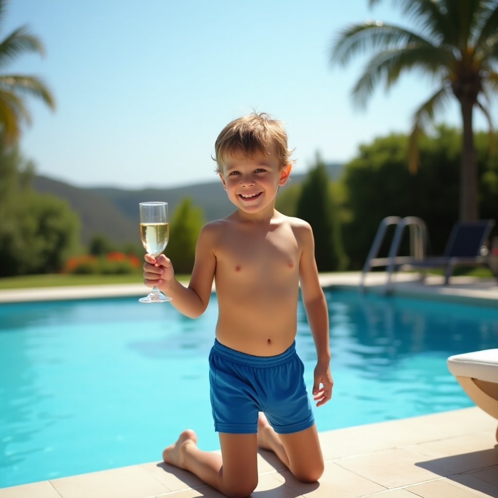 A boy kneels by a swimming pool. He is wearing a blue swimsuit. He holds a champagne glass. The setting is sunny and cheerful.