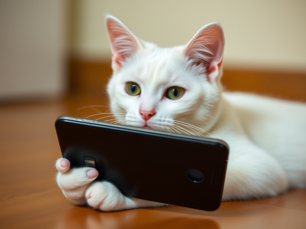 A white cat curiously holds and looks at a smartphone.