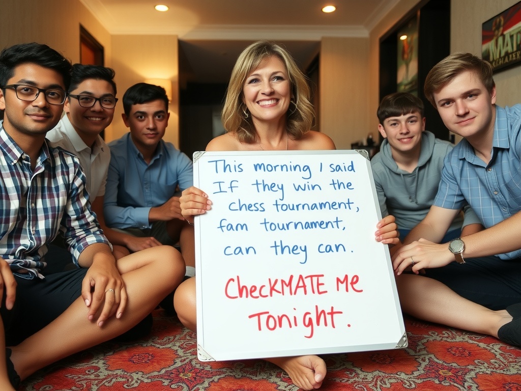 A group of young adults sit together, with a woman in the center holding a whiteboard featuring a playful message about a chess tournament. The room has warm lighting, creating an inviting atmosphere, and everyone is smiling, suggesting a light-hearted and friendly gathering.