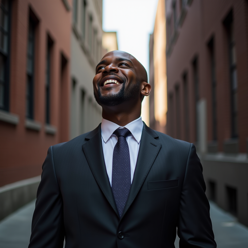 A man in a suit beams with joy as he walks through a narrow urban alleyway.