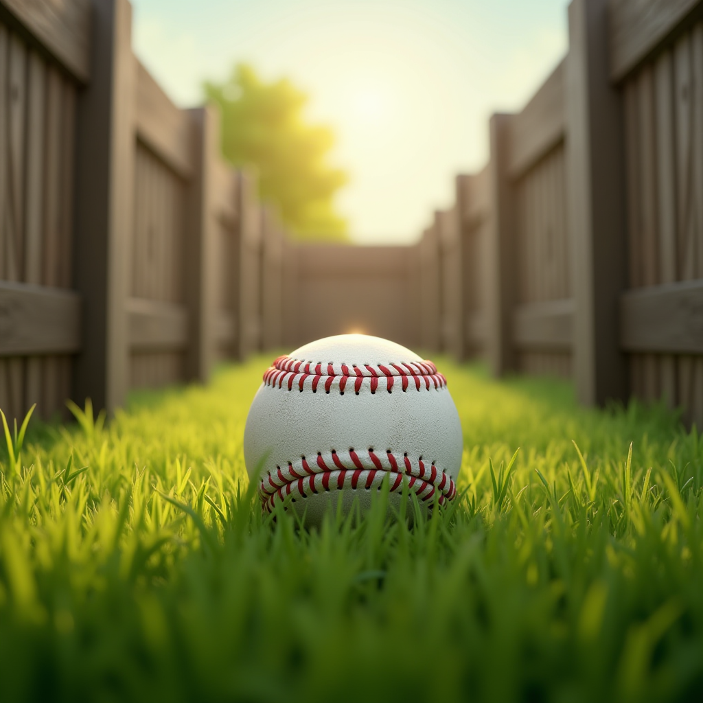 A baseball rests among vibrant grass between two wooden fences, with sunlight casting a warm glow over the scene.