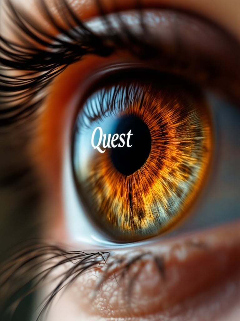 Detailed close-up image of a vibrant brown eye. Focus on intricate patterns of the iris. Showcase long, elegant eyelashes. Emphasize rich, warm tones and texture. Reflect word Quest in glossy pupil. Background softly blurred.