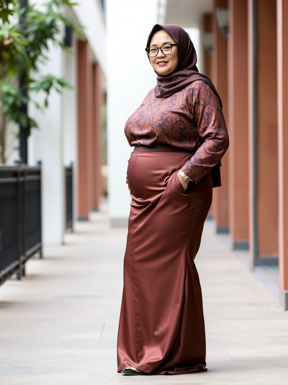 A stylish pregnant woman wearing a brown hijab, standing in an urban setting, smiling warmly, dressed elegantly.