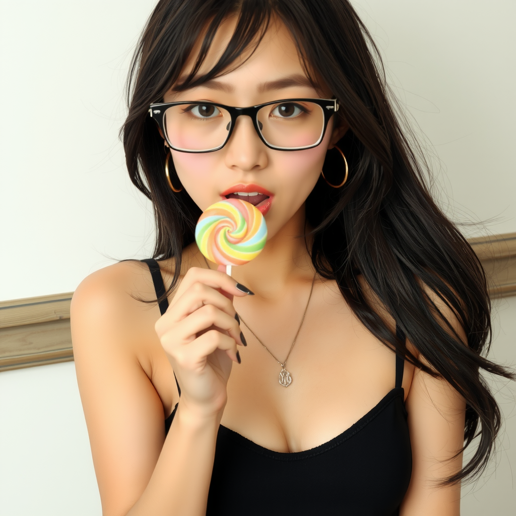 The image features a young woman with long, flowing dark hair and wearing black-rimmed glasses. She is holding a colorful lollipop near her mouth, which adds a playful and whimsical element to the scene. Her attire includes a simple black sleeveless top, and she accessorizes with large hoop earrings and a delicate necklace. Her expression is calm and slightly curious, as she gazes towards the camera, capturing a moment of sweet contemplation. The background is neutral, drawing attention to her and the vivid swirl of the lollipop.