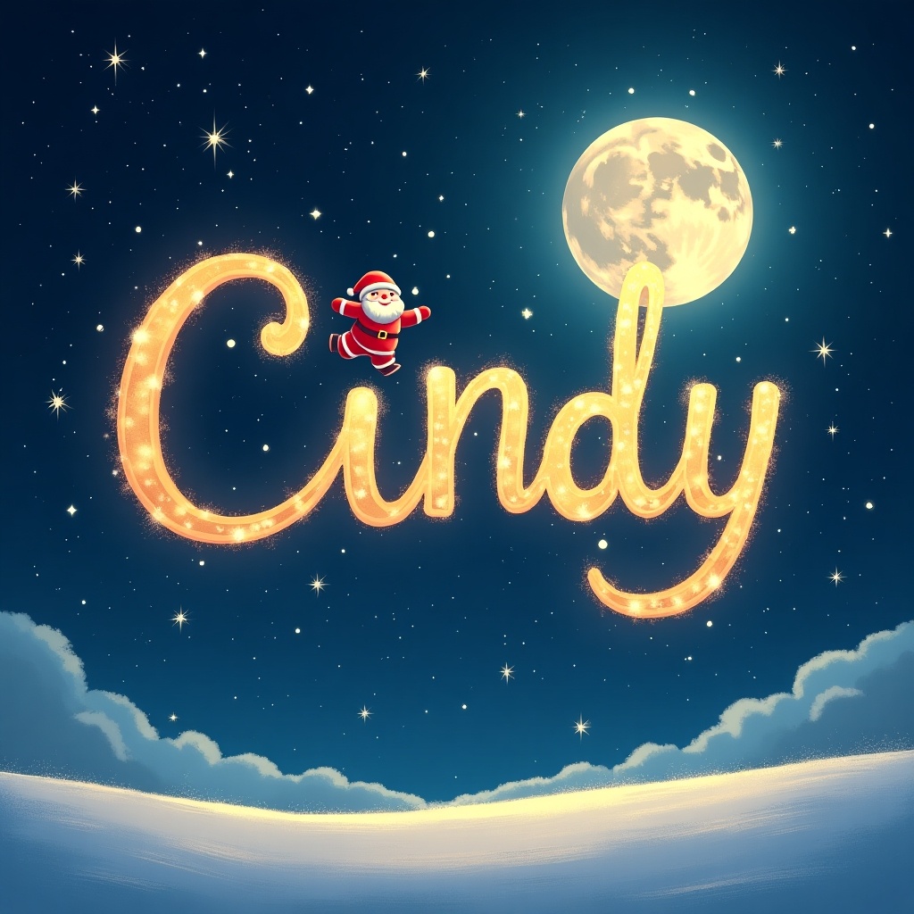 In a magical winter night scene, the name 'Cindy' is beautifully written in glowing letters in the sky. A cheerful Santa Claus, dressed in his traditional red suit, joyfully floats next to it. The background features a bright full moon and twinkling stars scattered across the deep blue sky. Below, gentle snowdrifts create a serene winter landscape. The overall atmosphere is festive and enchanting, perfect for the holiday season.