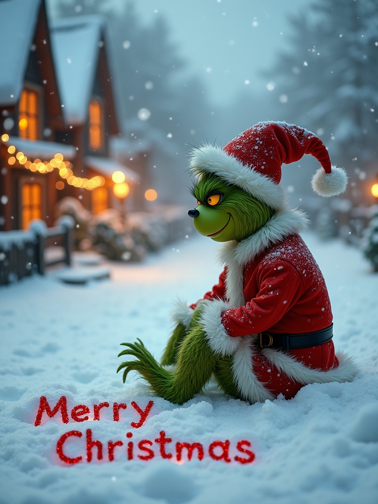 Grinch with red and white outfit sits in snow. Writes Merry Christmas in snow. Snowflakes fall around him. Cottages with warm lights are in background. Scene shows holiday creativity and spirit.