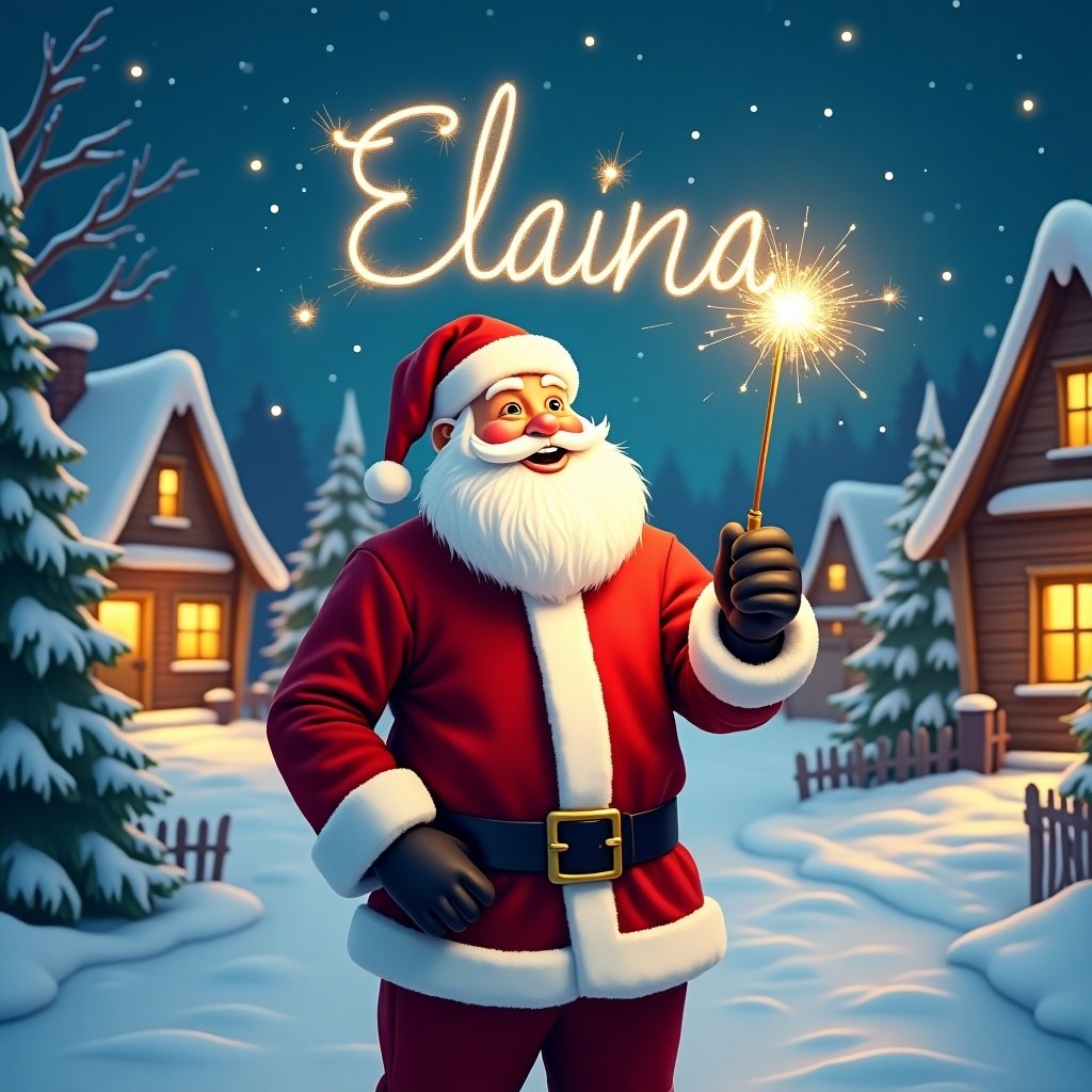 Santa Claus stands in a snowy village. He smiles while holding a sparkler, writing the name 'Elaina' in the night sky. Cozy houses are illuminated with warm lights. Snow-covered trees add a festive touch. The atmosphere is cheerful and magical.