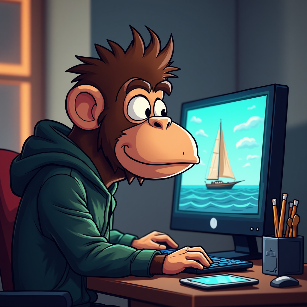 A cartoon monkey wearing a hoodie uses a computer, with a sailboat displayed on the screen.