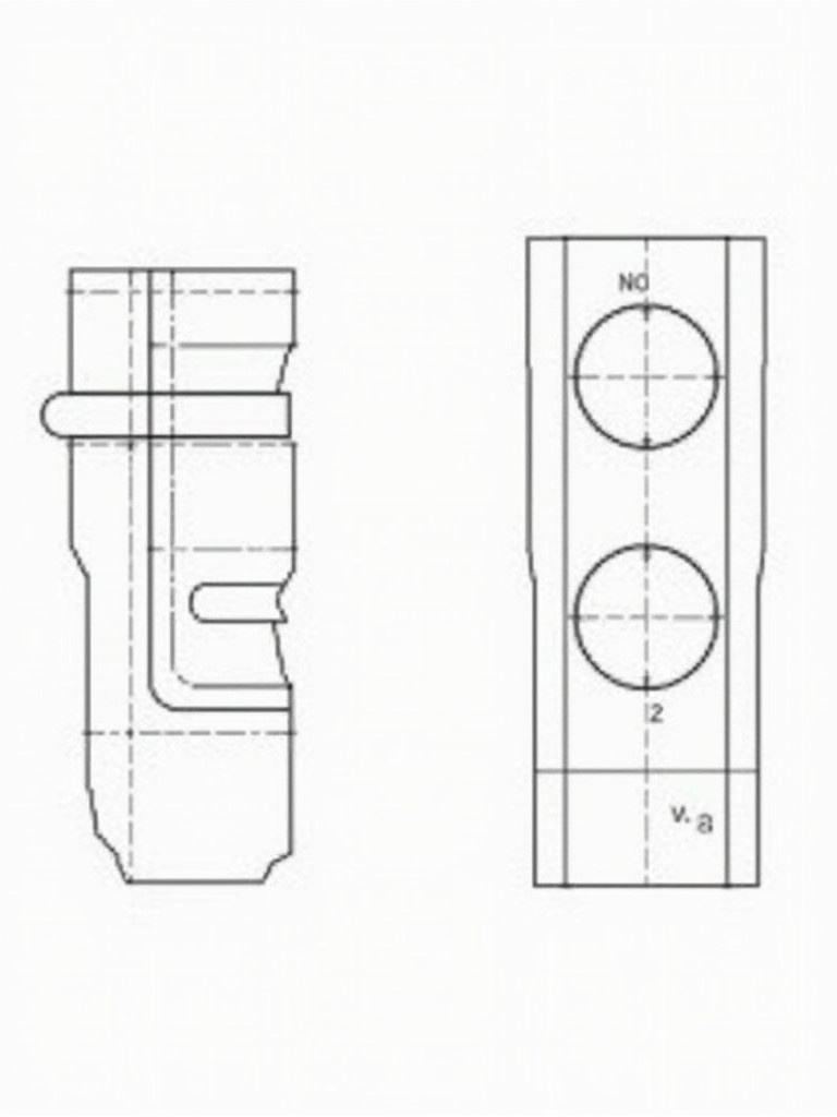 The image contains two technical drawings. The left drawing is a profile view of a mechanical part showcasing its contours with lines. The right drawing is a front view displaying circular shapes likely indicating holes. Dimensions and symmetric features are marked for clarity. These drawings represent specifications for manufacturing and engineering purposes.