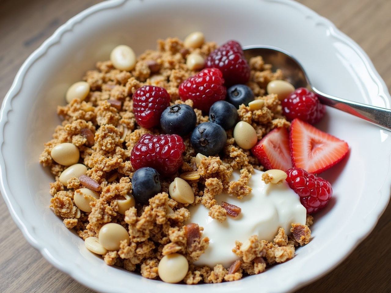 This image features a delicious bowl of granola topped with yogurt, honey, and a variety of fresh berries. The granola has a crunchy texture, complemented by the creamy yogurt underneath. Raspberries, blueberries, and sliced strawberries are artfully arranged on top, adding vibrant color. Hazelnuts are sprinkled throughout for added crunch and flavor. The bowl is presented on a wooden table, creating a cozy breakfast scene.