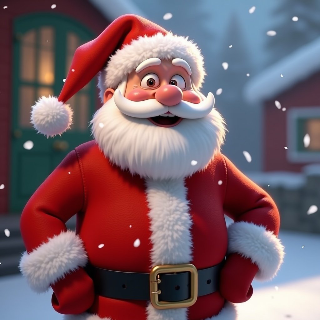 Santa Claus character in Pixar style is displayed in a playful holiday setting. The character wears a classic red Santa outfit. Snowflakes fall gently around him creating a festive mood.