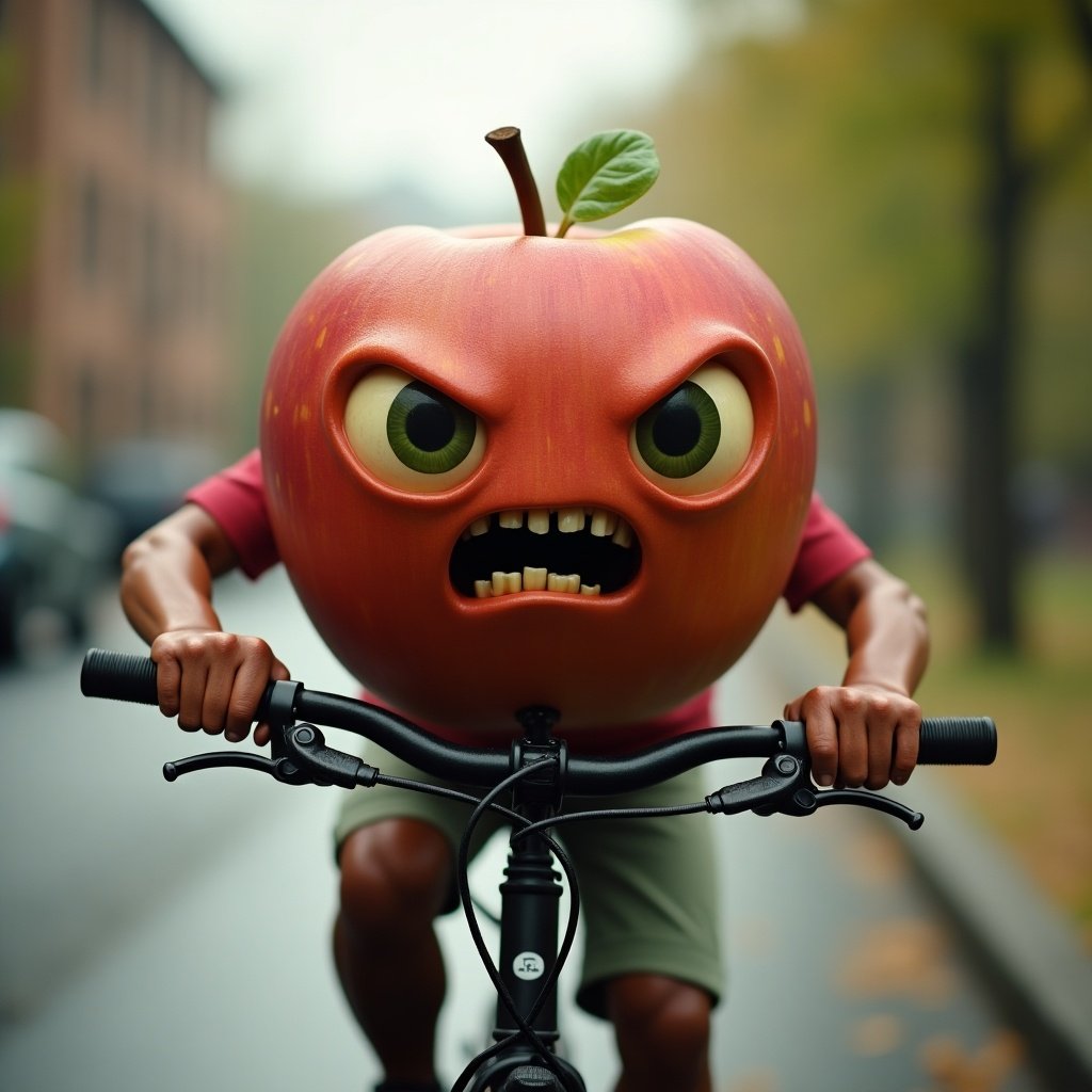 An imaginative scene featuring an ugly apple character on a bicycle. The apple has a green leaf on top and appears to be riding actively. The setting has an urban backdrop with soft natural light enhancing the playful atmosphere.