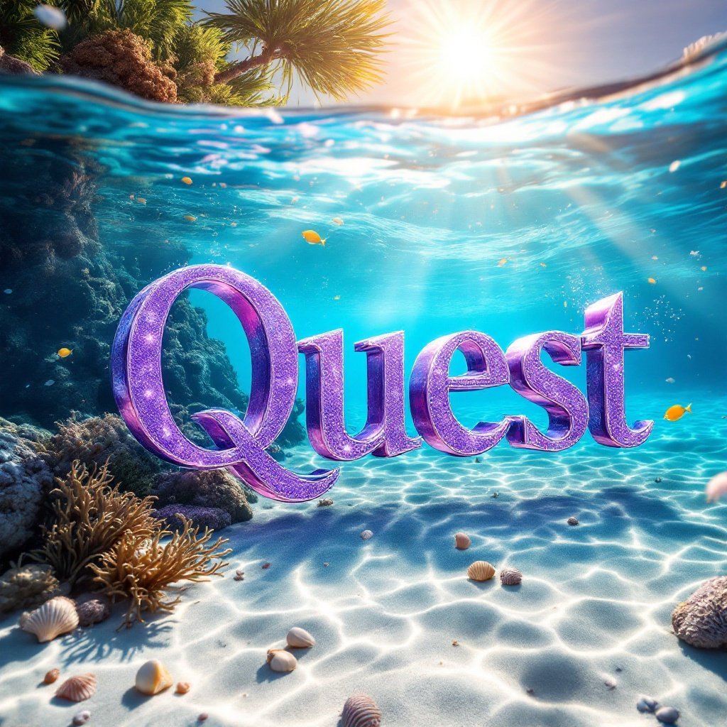 Scene with the word Quest emerging from Caribbean sea. Letters made of sparkling glass and titanium. Underwater paradise with colorful fish. Bright sun above casting rays. Blue water reflects sky hues. Gentle waves against sandy shore. Inviting adventures in an idyllic setting.