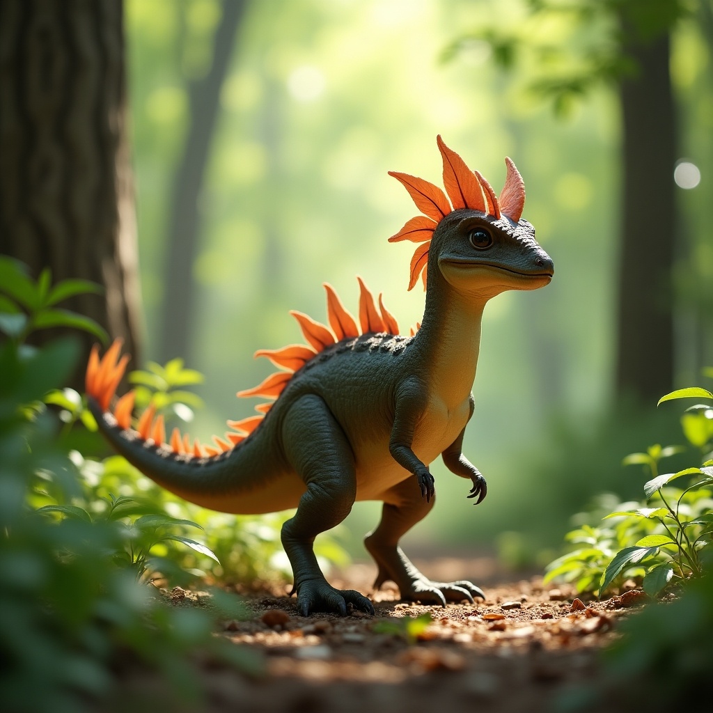 A realistic Utah raptor dinosaur toy stands in a forest. Bright green background with sunlight filtering through trees. The dinosaur has spiky orange features. It appears life-like and child-friendly.