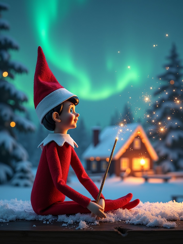 An elf on the shelf sits with its back to the viewer. The elf gazes skyward while holding a glowing wand. A charming Christmas scene is shown with colorful northern lights. A cozy house can be seen in the distance. Snow is on the ground. The elf embodies magic and wonder of Christmas. The name ‘Josh, Enzo & Laila’ appears in the air from the wand.