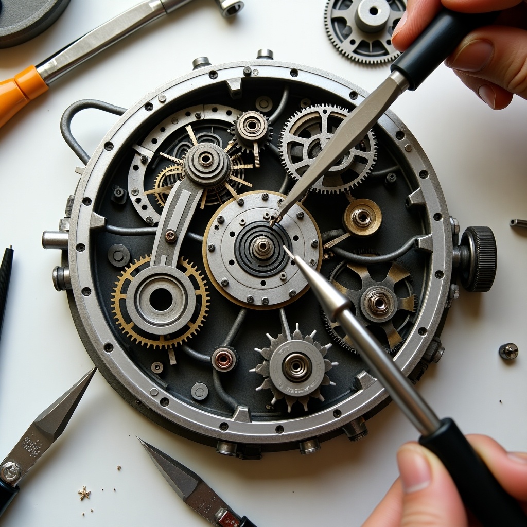 This image shows a close-up of a watch mechanism being taken apart. Hands are delicately handling tools to remove small gears. The intricate details of the gears and springs are visible. The setting is well-lit, allowing for an appreciation of the craftsmanship involved. Various tools are scattered around, showcasing the art of mechanical assembly and repair.