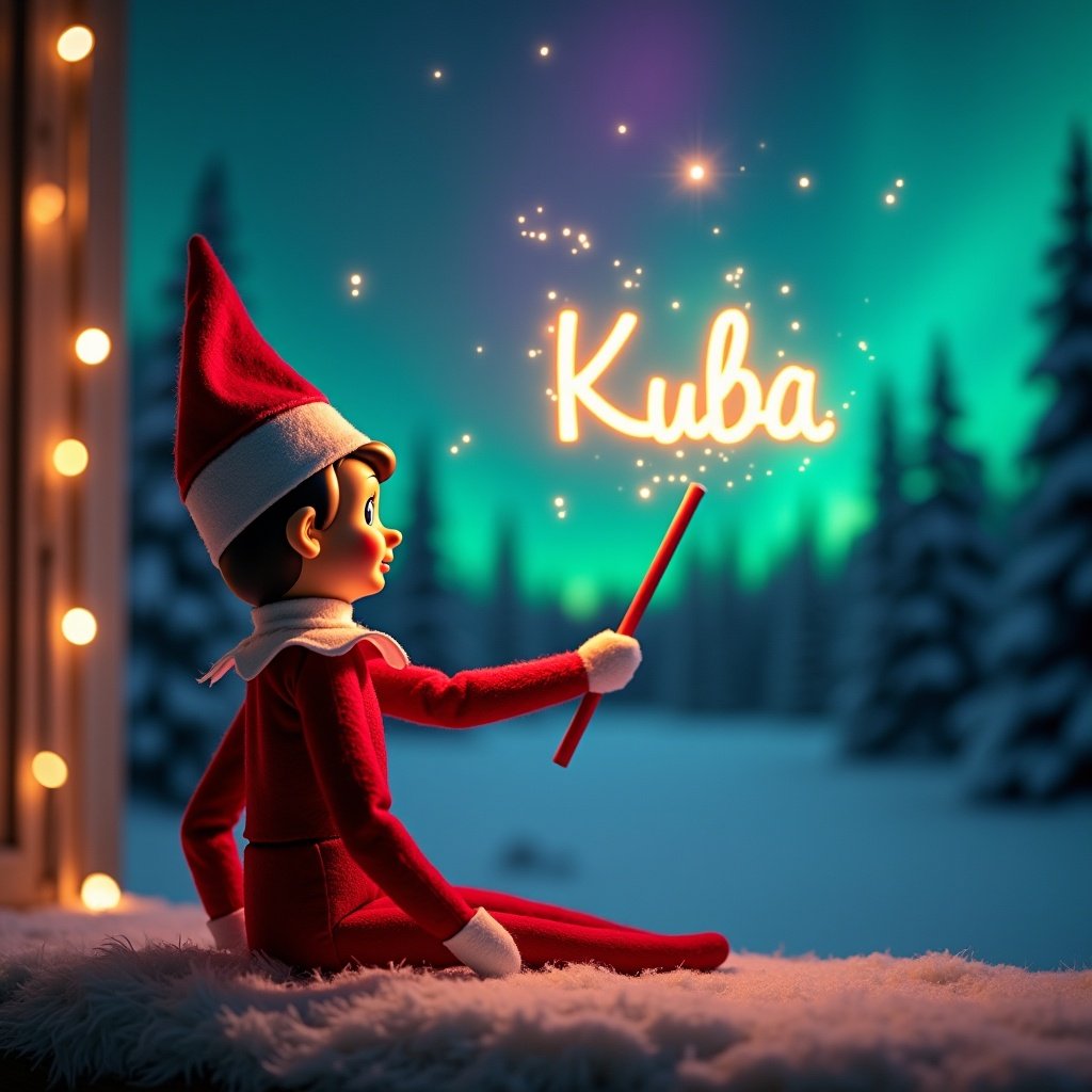 An enchanting Christmas scene. Elf dressed in red and white. Elf faces the sky. Holds a magic wand. Writes 'Kuba' in glowing rainbow script. Backdrop features colorful northern lights. Magical ambiance created by the scenery. Portrays holiday spirit and joy.