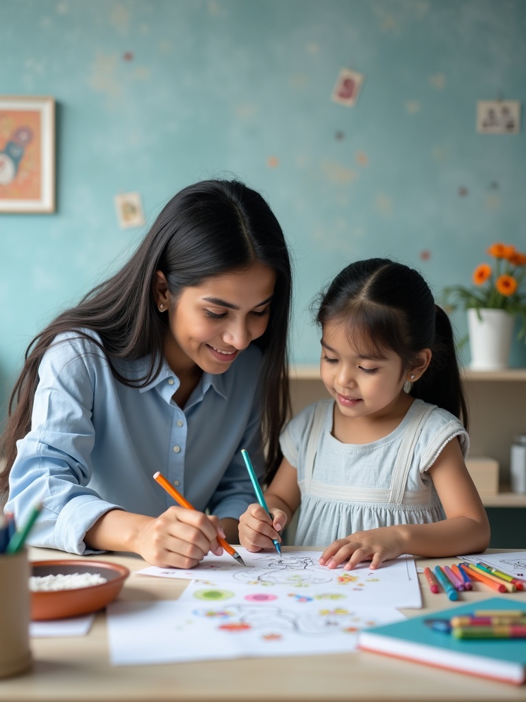 In a home environment a young female tutor teaches a girl student how to color. They are seated at a table. Various art supplies are around them including books and colors. The background is light blue with white accents. The character positions show them from the waist to the head.