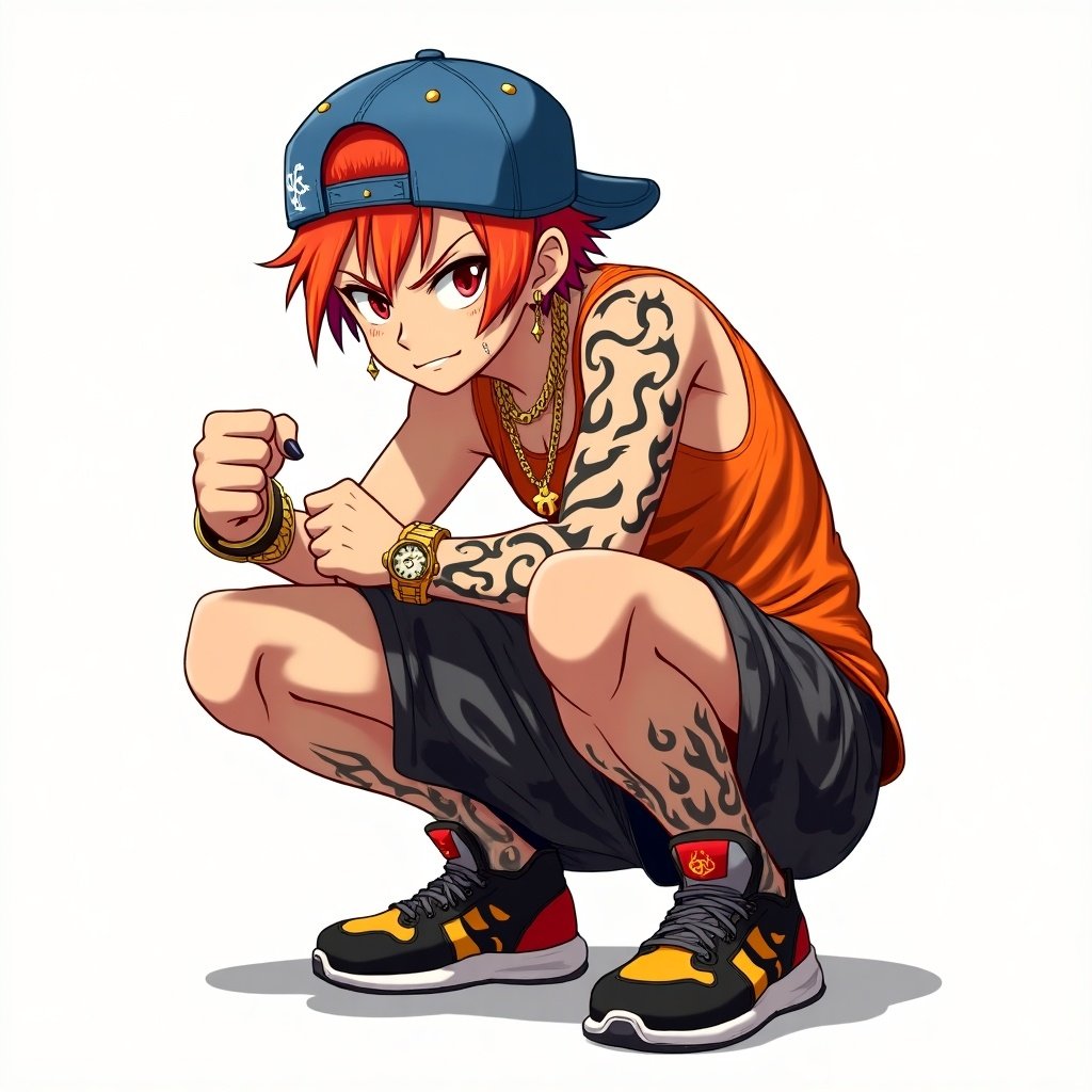 The image features a young, edgy anime character in an aggressive squatting pose. This character sports short red hair with orange highlights and wears a backward blue cap. Dressed in an orange sleeveless tank top and black camouflage shorts, their muscular build is emphasized. The outfit includes flame-patterned sneakers and gold chains, contributing to a flashy, urban style. The background is neutral, allowing the vibrant colors and striking details of the character to stand out.