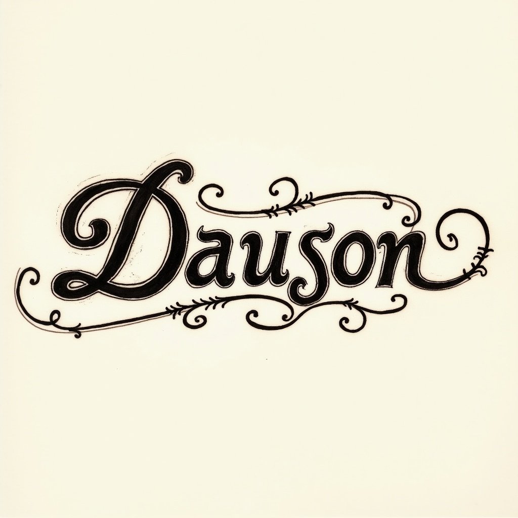 Word Dauson created in ornate calligraphy. Flourishes surround the letters. Elegant handwritten style. Fully artistic representation. Minimalistic background.