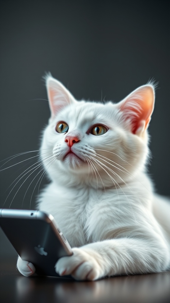 A curious white cat holding a smartphone with an attentive expression.