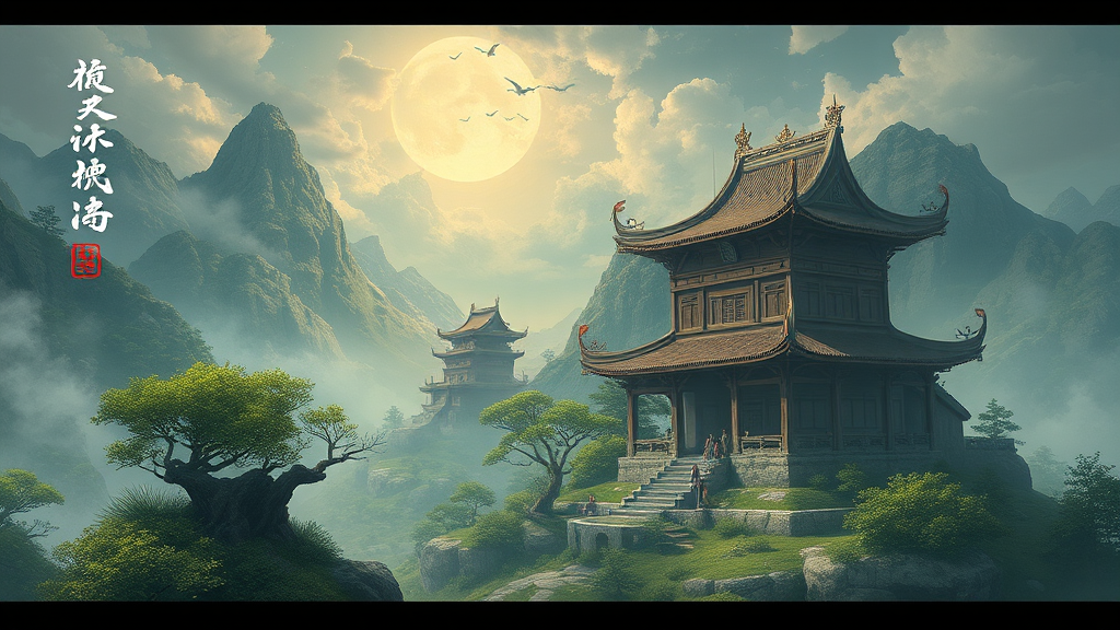 A traditional Asian temple sits amidst a mountainous landscape under a large moon, with mist and trees enhancing the tranquil scene.