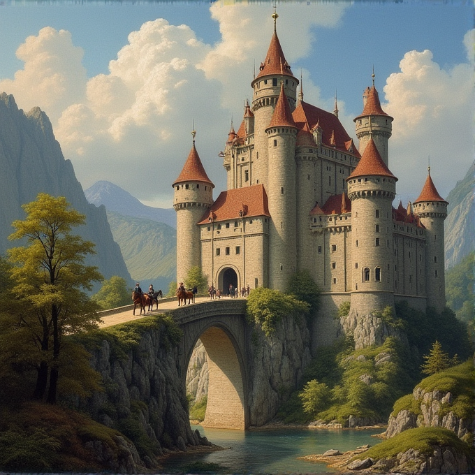 A towering medieval castle with red conical roofs is perched on a cliff, overlooking a serene river and lush landscape.