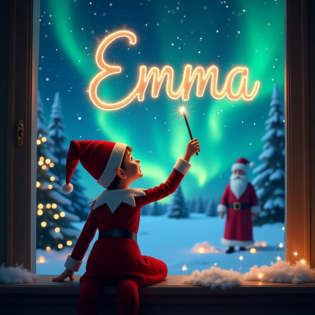 Elf figurine faces sky holding wand writing name Emma in glittering letters. Magical Christmas scene with northern lights and Santa in background. Soft festive colors fill the image.