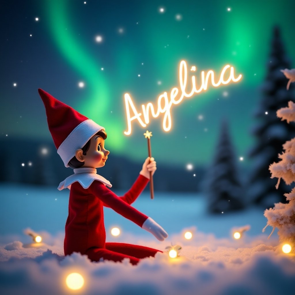 Enchanted Christmas scene with Elf on the Shelf. Elf in red attire holds wand. Glowing text reads 'Angelina'. Colorful northern lights in background. Soft white snow and scattered lights enhance festive feel.