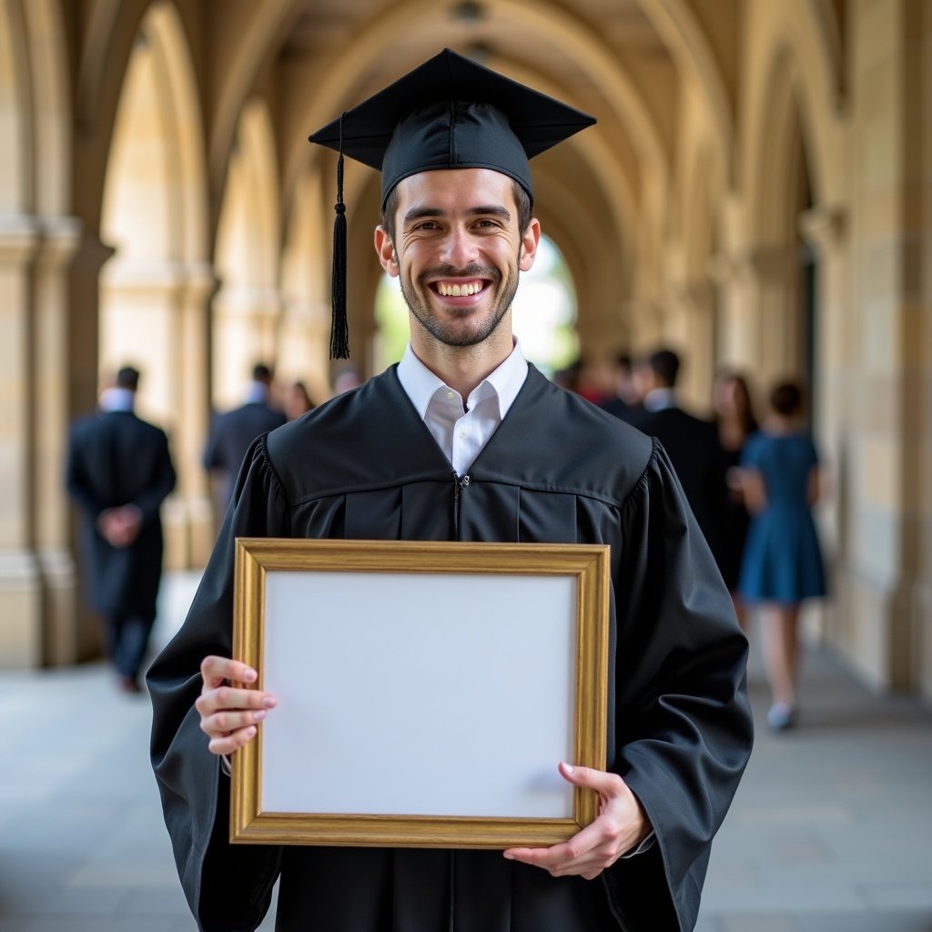 University student stands in outdoor corridor wears black graduation gown and cap holds blank certificate in photo frame. Surroundings feature historic architecture celebrate joyful moment. Bright natural lighting enhances atmosphere. People in background represent lively graduation day.