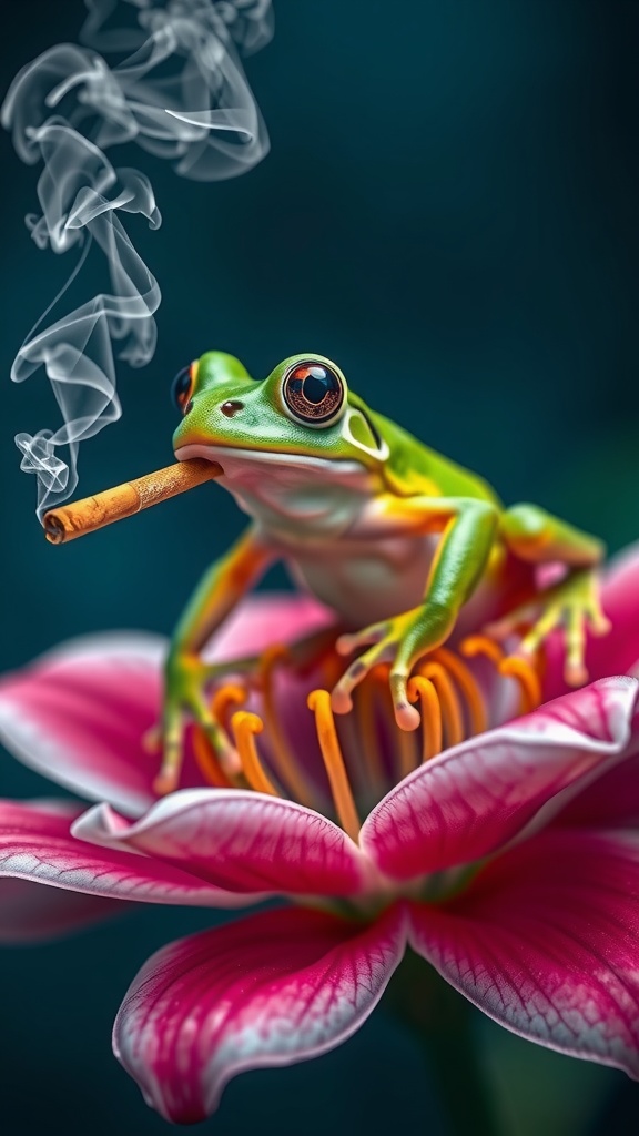 A whimsical scene featuring a vibrant green frog perched atop a striking pink flower, holding a lit cigarette. The frog's wide eyes and the creeping smoke create a humorous yet surreal imagery against the deep teal background. The detailed rendering of the flower's petals and stamen add a touch of realism to the otherwise fantastical setup.